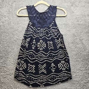 Lucky Brand Womens Navy Blouse Medium Bohemian Southwestern Tribal Blue Tank